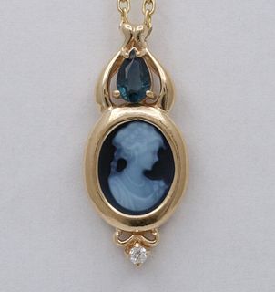 Vintage Yellow Gold Black Cameo and Sapphire Pendant
