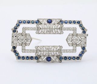 Art Deco Platinum Diamond & Sapphire Brooch, Pin.