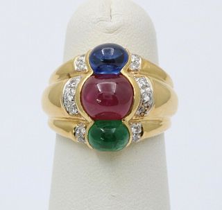 Funky Vintage Yellow Gold Cabochon Ruby, Sapphire & Emerald Ring, Estate Rin