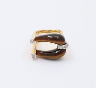 Modern Vintage Yellow Gold Geometric Tiger Eye & Diamond Ring.
