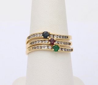 Vintage Trio Stacking Solitaire Emerald Sapphire Ruby Yellow Gold Rings