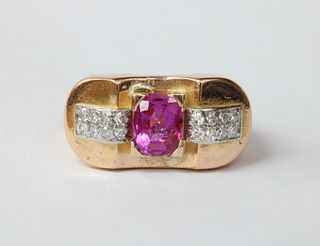 Retro 1940â€™s Pink Sapphire and Diamond Yellow Gold Ring
