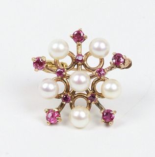 Vintage Yellow Gold Rubies Cultured Pearls Pendant Brooch