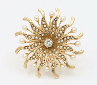 Antique Sunburst Diamonds Seed Pearls Brooch Pendant