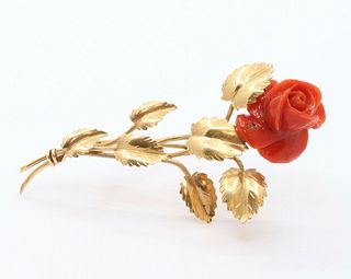 A Beautiful Vintage Rose Designed Yellow Gold Carved Coral Brooch Pin