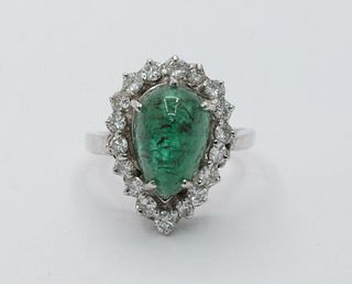 White Gold Cabochon Emerald Diamond Engagement Ring Alternative