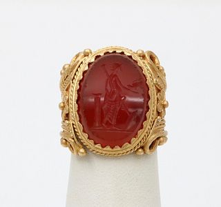 Vintage Yellow Gold Carved Greek Narcissus Intaglio Carnelian Signet.