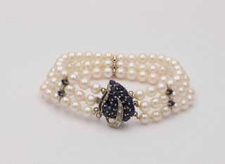 Vintage 3 Strand Beaded Pearl, Sapphire and Diamond Bracelet