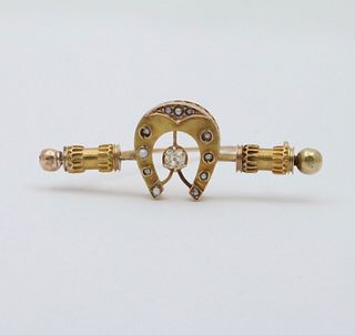 Victorian Russian Diamond Seed Pearls Yelllow Gold Brooch Pin
