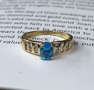 Vintage Yellow Gold Blue Topaz & Diamond Ring, Engagement Ring