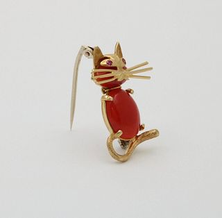 Vintage Coral Cat Yellow Gold Brooch
