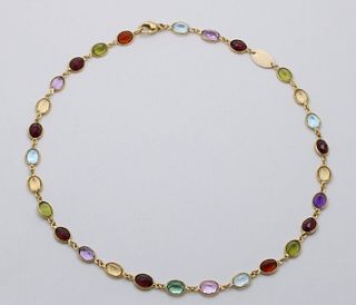 Vintage Multi Color Gemstone Yellow Gold Station Necklace