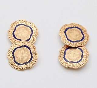 Vintage Blue Enamel High Relief Gold Cufflinks