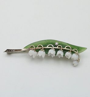 Art Deco Lily of the Valley Jade Rose Cut Diamonds White Gold Brooch Pin