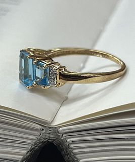 Vintage Blue Topaz & Diamond Yellow Gold Birthstone Ring, Engagement Ring.