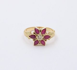 Vintage Flower Rubies Diamond Yellow Gold Ring