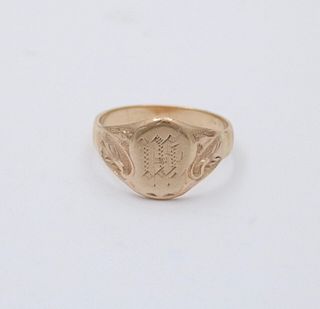 Vintage Yellow Gold Shield & leaf Signet Ring