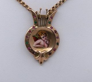 Victorian Enamel Cherub Emerald Ruby Garnet Amethyst Pendant and Rolo Chain