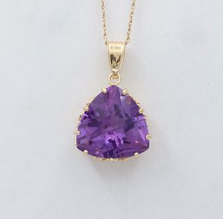 Vintage Triangle Checkerboard Cut Amethyst Yellow Gold Pendant