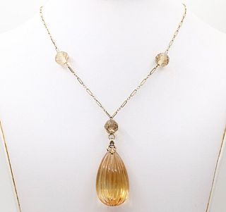 Vintage Yellow Gold Carved Citrine Pendant and Necklace