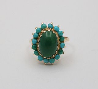 Vintage Jade Turquoise Yellow Gold Cocktail Ring
