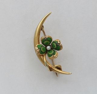 Victorian Crescent Enamel Four Leaf Clover Seed Pearl Brooch Pin