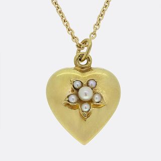 18k Victorian Pearl Heart Pendant Necklace