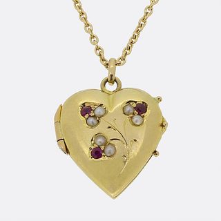 18k Victorian Ruby and Pearl Heart Locket Necklace