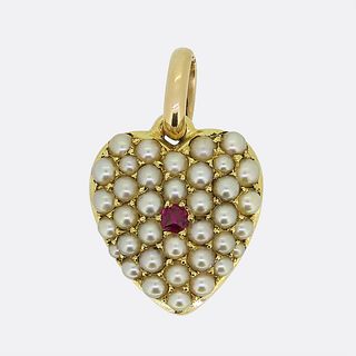 15ct Victorian Ruby and Pearl Heart Pendant