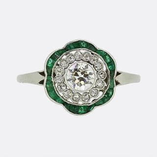 Platinum Art Deco Emerald and Diamond Cluster Ring