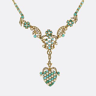 15ct Victorian Pearl and Turquoise Festoon Necklace