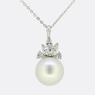 18k Cultured Pearl and Diamond Pendant Necklace