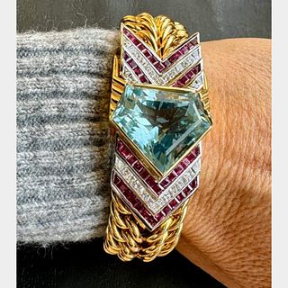 1960â€™s 18K Yellow Gold Aquamarine, Ruby, and Diamond Bracelet