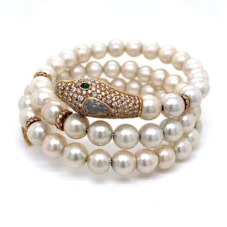 18K Yellow Gold 6.00 Ct. Diamond & Pearl Snake Bracelet