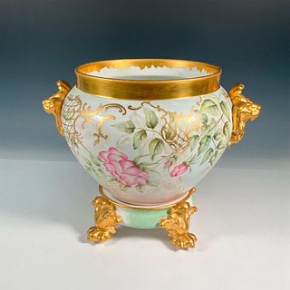 2pc D & C Limoges Jardiniere and Stand, Pink and Gold