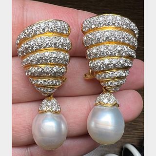 18K Yellow Gold South Sea Pearl & Diamond Day/Night Earrings