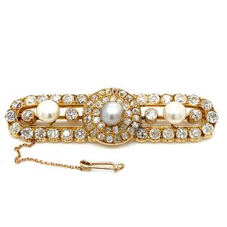 Antique French 18K 11.50 Ct. Diamond & Pearl Brooch