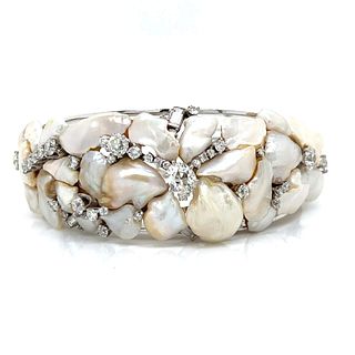 1960â€™s 14K White Gold Baroque Pearl & Diamond Bangle
