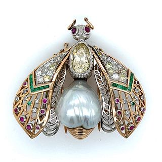 Antique 18K & Platinum Baroque Pearl, Emerald, Ruby, and Diamond Brooch