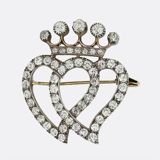15ct Silver Victorian Double Witches Heart Diamond Brooch