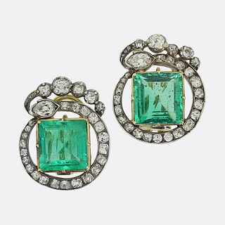 18k Silver Antique Colombian Emerald and Diamond Snake Earrings