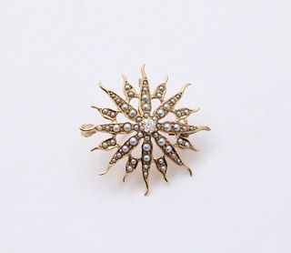 Victorian Edwardian Starburst Diamond Seed Pearls Yellow Gold Pendant Brooch