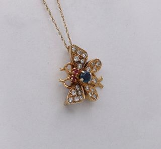 Vintage Butterfly Sapphire Ruby Diamond Yellow Gold Brooch Pin