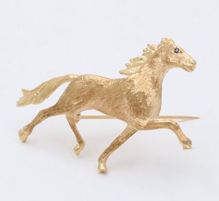 Vintage Yellow Gold Sapphire Riding Horse Brooch