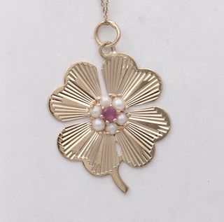 Vintage Yellow Gold Four Leaf Clover Pearl & Ruby Charm Pendant