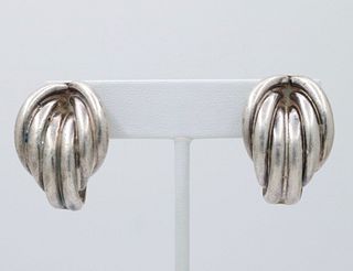 Vintage Mexico Sterling Silver Geometric Large Clip On Earrings