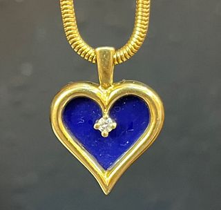 Vintage Yellow Gold Lapis Lazuli Heart Diamond Pendant, Charm