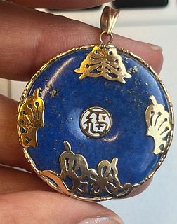 Vintage Yellow Gold Lapis Lazuli Chinese Lucky Fortune Charm Pendant