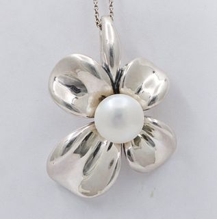 Vintage Sterling Silver Ann King Pearl Orchard Flower Pendant