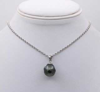 Vintage Tahitian Black Pearl Pendant and Chain White Gold